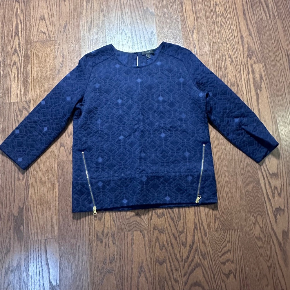 J.Crew Navy Blue Geometric Jacquard Side Zip Top 3/4 Sleeve Size 6